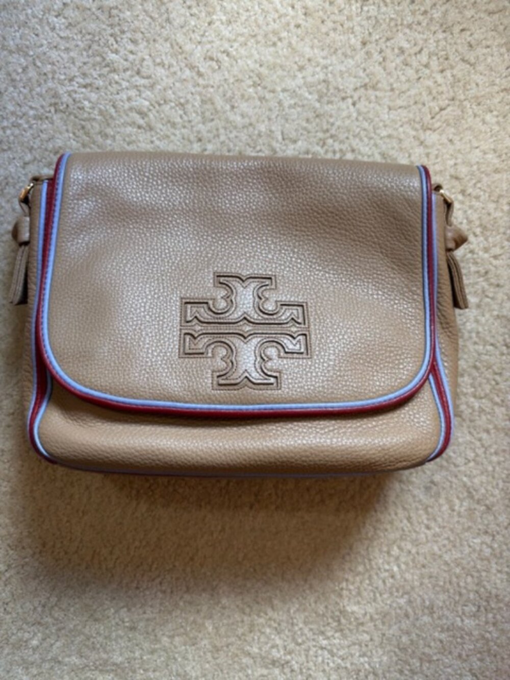 Tory Burch Harper Stripe Messenger Bag in camel or beige pebbled leather